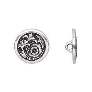 Button, TierraCast®, antique silver-plated pewter (tin-based alloy), 17mm flat round with Czech flower and loop. Sold per pkg of 20.