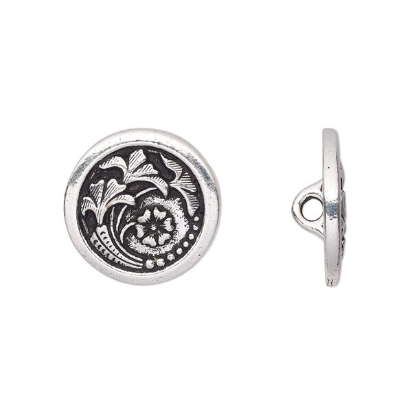 Button, TierraCast®, antique silver-plated pewter (tin-based alloy), 17mm flat round with Czech flower and loop. Sold per pkg of 20. image number 0