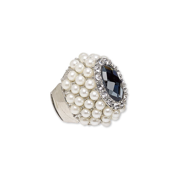 Ring, stretch, acrylic pearl / glass / glass rhinestone / silver-plated "pewter" (zinc-based alloy), white / grey / clear, 35mm wide, size 8-9. Sold individually. image number 0