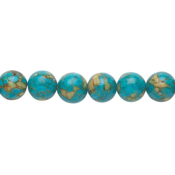 Bead, mosaic "turquoise" (magnesite) (dyed / assembled), blue, 8mm round, B grade, Mohs hardness 3-1/2 to 4. Sold per 15-1/2" to 16" strand. image number 0