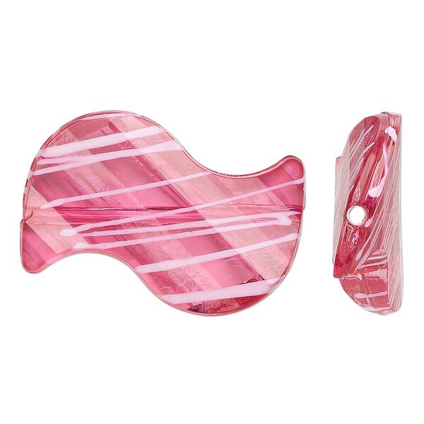 Bead, acrylic, semitransparent fuchsia and white, 35x23mm S-shape with painted line design. Sold per pkg of 24. image number 0