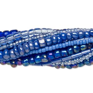 Bead mix, seed bead and bugle bead, glass, pkg/(10)14 inch, 6/0 center-drilled round, mixed mixed colors.