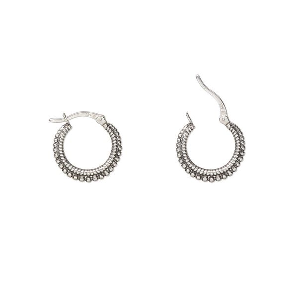 Earring, Create Compliments®, antiqued sterling silver, 19mm hoop with beaded and rope design with latch-back closure. Sold per pair. image number 0