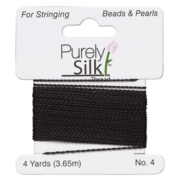 Thread, Purely Silk™, black, medium-heavy, size #4, 24-pound test. Sold per 4-yard card. image number 0