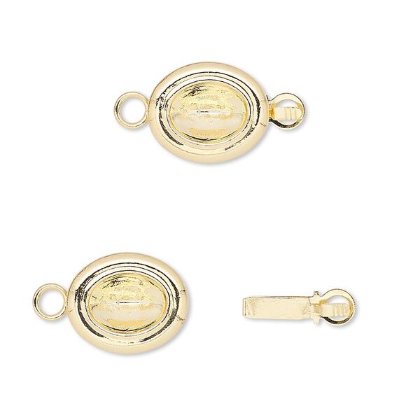 Clasp, Almost Instant Jewelry®, tab, gold-plated brass, 13x11mm oval with 8x6mm oval setting. Sold per pkg of 4. image number 0