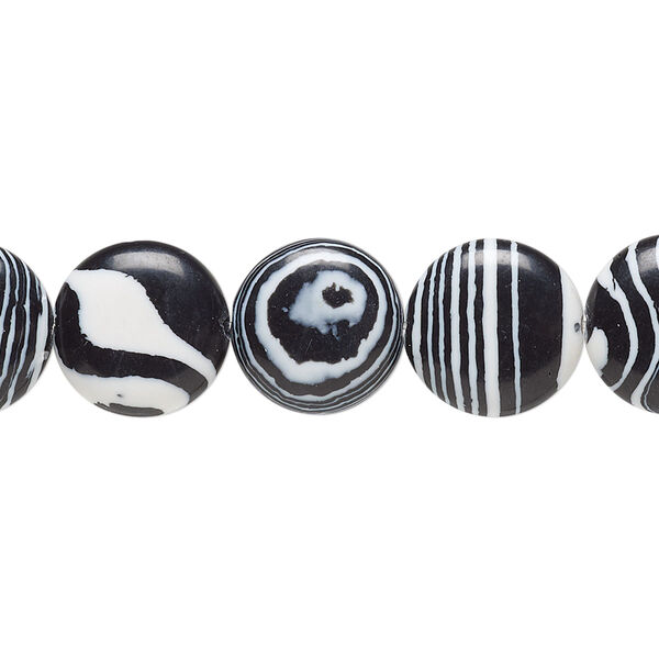 Bead, resin, black and white, 12mm flat round. Sold per 15" to 16" strand. image number 0