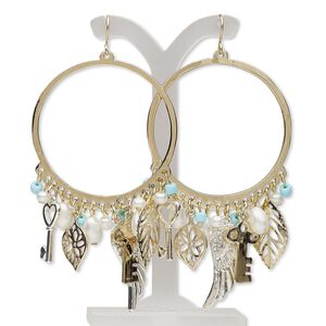 Earring, acrylic pearl / glass / gold- / silver-finished brass / steel / "pewter" (zinc-based alloy), white and blue, 3-3/4 inches with round hoop and fishhook ear wire. Sold per pair.