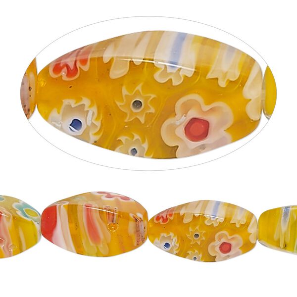 Bead, millefiori glass, translucent orange and multicolored, 16x8mm 4-sided twisted oval. Sold per 15-inch strand, approximately 20 beads. image number 0