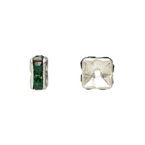 Bead, glass rhinestone and silver-plated brass, emerald green, 8x4mm squaredelle. Sold per pkg of 10.
