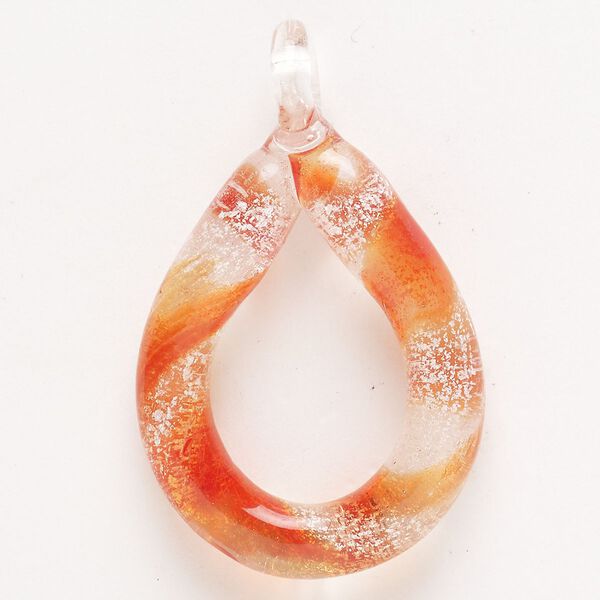 Focal, lampworked glass, pkg/1, translucent and transparent clear and orange with silver-colored foil, 36x31mm-40x34mm top-drilled open teardrop. image number 0