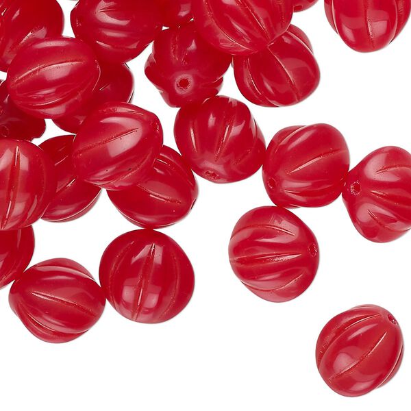 Bead, Czech pressed glass, translucent red and pink, 10mm corrugated round. Sold per 2-ounce pkg, approximately 55 beads. image number 0