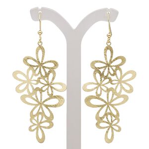 Earring, gold-finished brass, 2-3/4 inches with scratched open flowers and fishhook ear wire. Sold per pair.