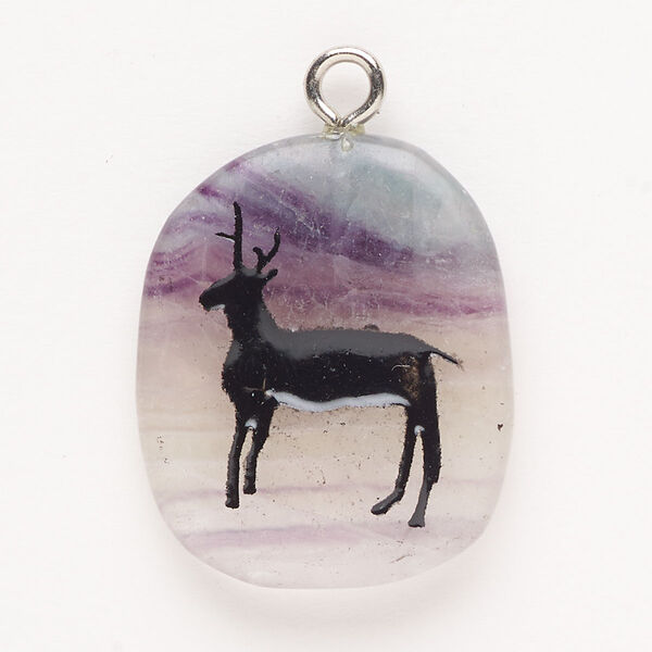 Focal, steel/rainbow fluorite (natural)/enamel, pkg/1, silver finish and black, 33x27mm single-sided puffed freeform with deer, C+ grade. image number 0