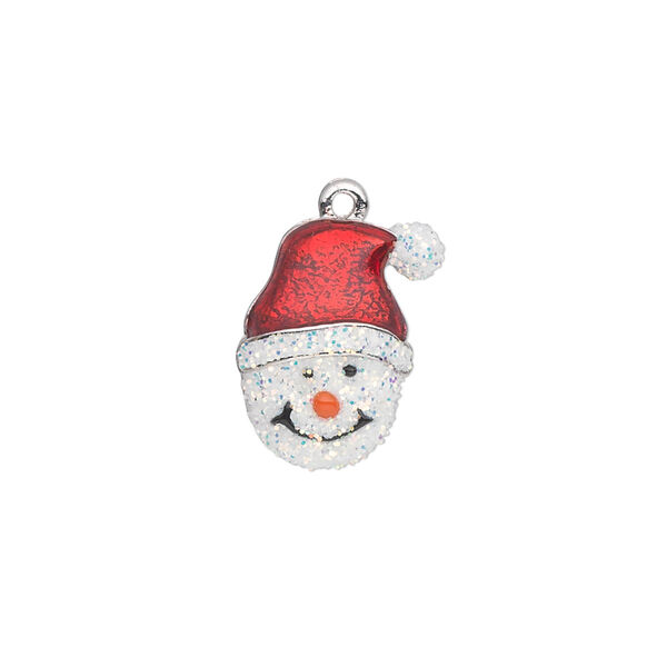 Charm, silver-plated "pewter" (zinc-based alloy) and enamel, white / red / orange, 17x14mm single-sided snowman head with Santa hat and carrot nose. Sold individually. image number 0