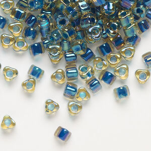 Seed bead, Miyuki 1pkg10g, glass, #5 triangle, transparent dark blue inside dyed color amber yellow (TR-1826)