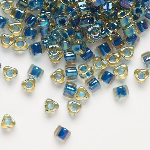Seed bead, Miyuki 1pkg10g, glass, #5 triangle, transparent dark blue inside dyed color amber yellow (TR-1826) image number 0