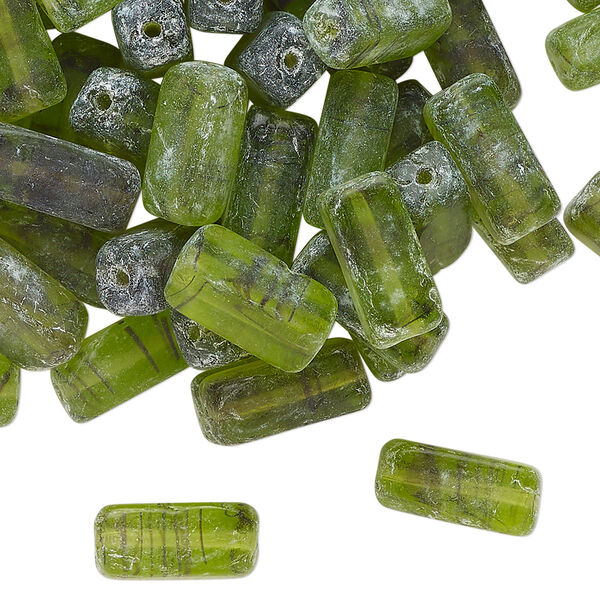 Bead, lampworked glass, translucent green and dark purple, 12x5mm square tube with line design. Sold per 2-ounce pkg, approximately 75 beads. image number 0