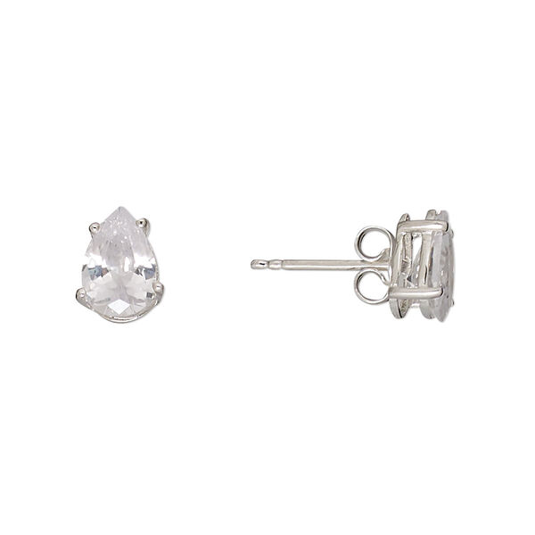 Earstud, cubic zirconia and sterling silver, clear, 9x7mm faceted teardrop with post. Sold per pair. image number 0