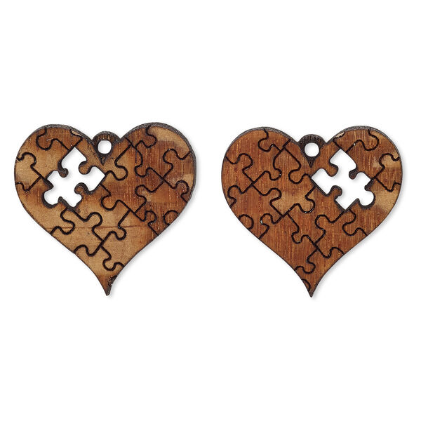 Drop, American sycamore (natural), 25x23mm single-sided left- and right-facing heart with puzzle piece cutout. Sold per pkg of 2. image number 0