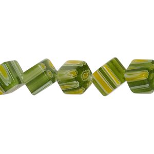 Bead, millefiori glass, dark spring green, 10-12mm diagonally drilled cube with flower and stripe design. Sold per 14-inch strand.