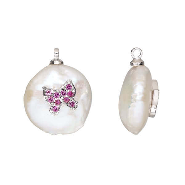 Drop, cubic zirconia / cultured freshwater pearl (bleached) / silver-finished brass, white and pink, 13-14mm single-sided round with butterfly design. Sold individually. image number 0