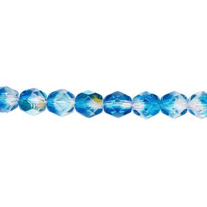 Bead, Czech fire-polished glass, two-tone, translucent clear and aqua AB, 6mm faceted round. Sold per 15-1/2" to 16" strand.