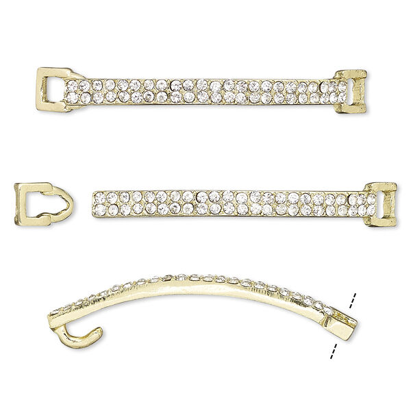Clasp, hook-and-eye, glass rhinestone and gold-finished "pewter" (zinc-based alloy), clear, 46x6mm single-sided curved rectangle, 3.5x2.5mm inside diameter. Sold per 2-piece set. image number 0