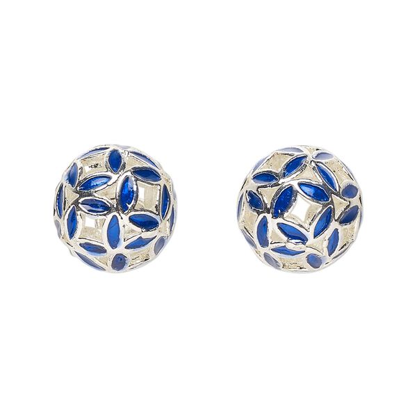 Bead, silver-finished brass and enamel, blue, 13mm round with cutout leaves design and 6 holes. Sold individually. image number 0