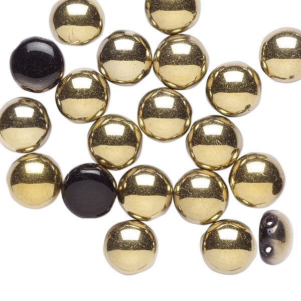 Bead, Preciosa Candy™, Czech pressed glass, opaque black with half-coat bronze gold, 8mm candy with (2) 0.8-0.9mm holes. Sold per pkg of 20. image number 0