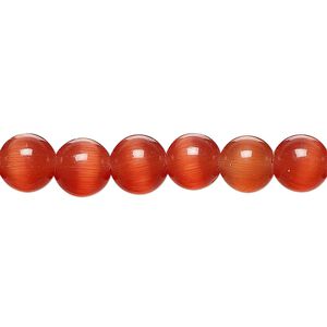 Bead, cat's eye glass (fiber optic glass), orange-red, 8mm round, quality grade. Sold per 15-1/2" to 16" strand.
