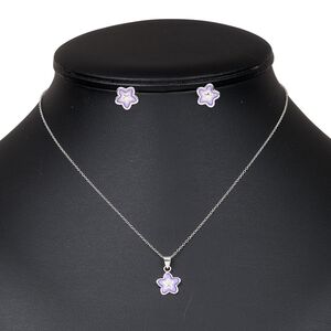 Necklace and earring set, sterling silver and enamel, white / purple / dark purple, 10.5mm star, 15" to 16" necklace with springring clasp, earrings with post. Sold per set.