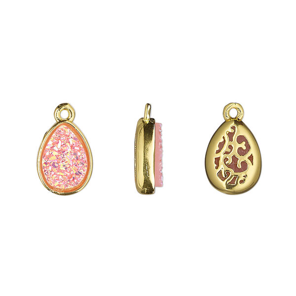 Drop, Druzylite™, "druzy" (resin) and gold-finished brass, pink, 11.5x8.5mm two-sided teardrop with open filigree back. Sold per pkg of 4. image number 0