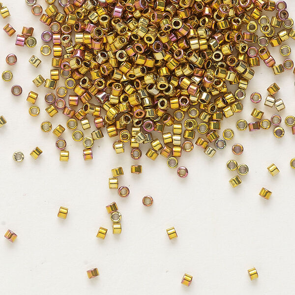 Seed bead, Delica®, glass, pkg/250g, #11 round, opaque 24Kt gold-plated iris (DB-0501). image number 0