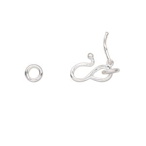 Clasp S-hook 1pkg1 sterling silver, 10x7mm / 4.5mm closed jump ring / safety latch, 1-strand