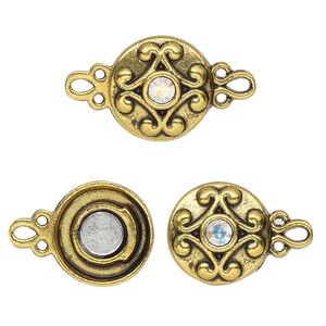 Clasp magnetic 1pkg2 "pewter" (zinc alloy), 12mm double-sided round, AB / antique gold-finished / clear rhinestone 1-strand