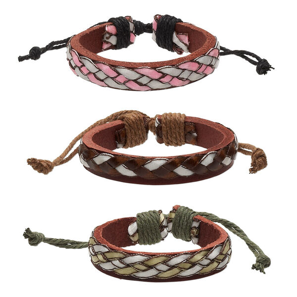 Bracelet, leather / cotton cord (dyed) / polyurethane, multicolored, 12mm wide, adjustable from 6-8 inches with knot closure. Sold per pkg of 3. image number 0