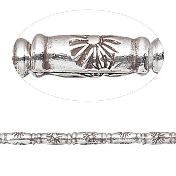 Bead, Hill Tribes, antiqued sterling silver, 8x3mm round tube with sun design. Sold per 8-inch strand, approximately 20 beads. image number 0
