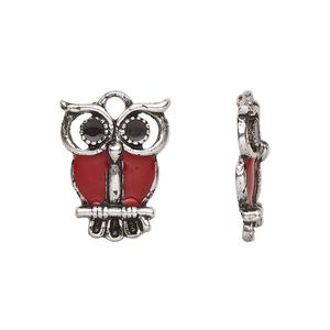 Charm, enamel and antique silver-finished pewter (tin-based alloy), red, 19x14.5mm owl. Sold per pkg of 4.