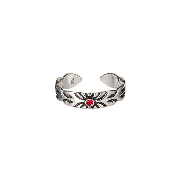 Toe ring, Create Compliments®, antiqued sterling silver and crystal, red, 4mm wide with sun design, adjustable. Sold individually. image number 0