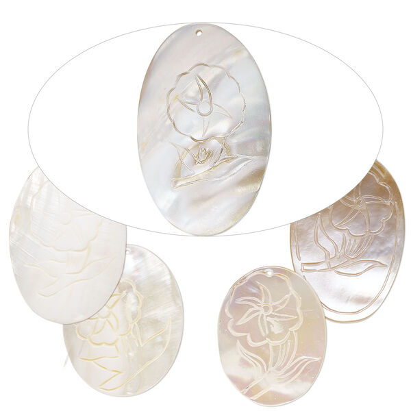 Focal, mother-of-pearl shell (natural/bleached), 42x33mm-58x37mm hand-carved oval, Mohs hardness 3-1/2. Sold per pkg of 5. image number 0
