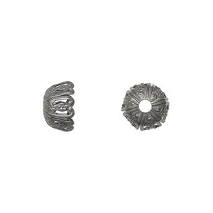 Bead cap, gunmetal-plated brass, 10x6mm fancy round, fits 10-12mm bead. Sold per pkg of 50.