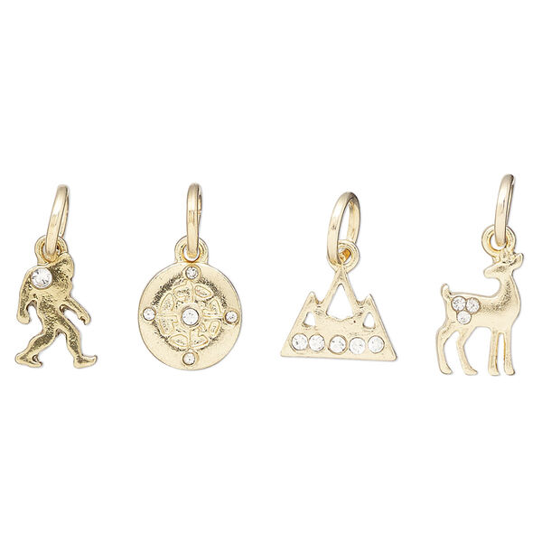 Charm assortment, gold-finished "pewter" (zinc-based alloy) and glass rhinestone, clear, 8-11x7mm multi-shape, Pacific Northwest outdoors theme. Sold per 4-piece set. image number 0
