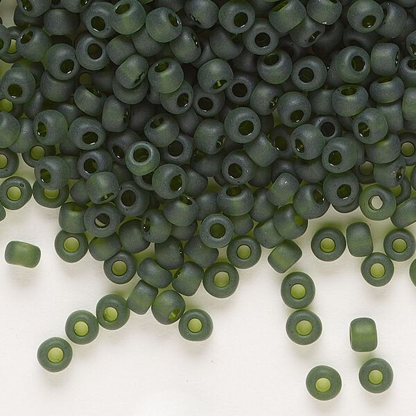 Seed bead, Dyna-Mites™, glass, transparent matte olive green, #6 round. Sold per 40-gram pkg. image number 0
