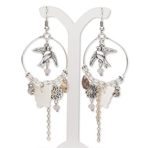 Earring, Chinese mussel shell / mother-of-pearl shell (natural / bleached) / glass / antique silver- / gold-finished "pewter" (zinc-based alloy) / brass / steel, white / clear / grey, 3-1/2 inches with round hoop and fishhook ear wire. Sold per pair.