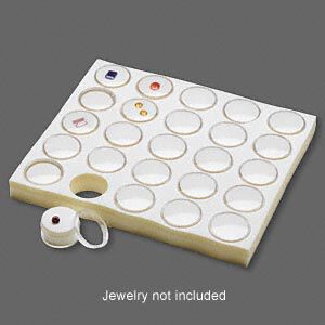 Display insert, faceted gems, foam and acrylic, white and clear, 7-3/4 x 6-3/4 x 3/4 inches with (25) 1-1/4 x 3/4 inch reclosable vials, fits standard half tray. Sold individually.