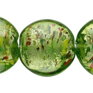 Bead, lampworked glass, forest green with silver-colored foil, 28mm puffed flat round. Sold per pkg of 6.