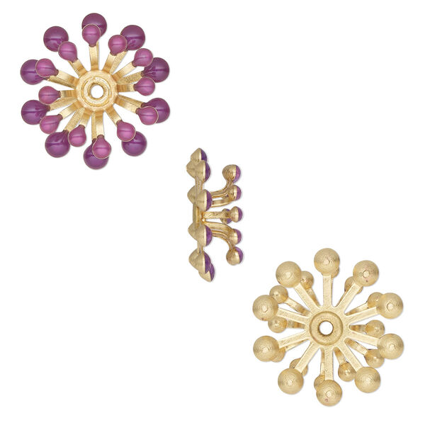 Component, epoxy and gold-finished copper, purple, 15mm center-drilled single-sided flower. Sold per pkg of 2. image number 0