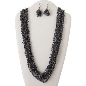 Necklace and earring set, multi-strand, gunmetal-plated steel and brass / glass / organza ribbon, hexagon bugle beads, 40 inches with tie closure, 2-1/2 inch earrings with leverback ear wire. Sold per set.