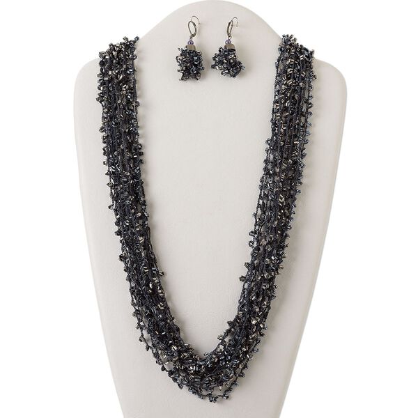 Necklace and earring set, multi-strand, gunmetal-plated steel and brass / glass / organza ribbon, hexagon bugle beads, 40 inches with tie closure, 2-1/2 inch earrings with leverback ear wire. Sold per set. image number 0