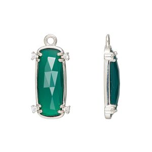 Drop, green onyx (dyed) / cubic zirconia / sterling silver, clear, 21x11mm hand-cut single-sided faceted oval, Mohs hardness 6-1/2 to 7. Sold individually.